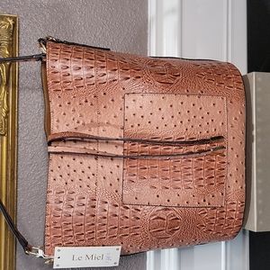 Le Miel Brown Vegan Embossed Ostrich 2 in 1 Bucket Bag with Gold Fixtures NWT